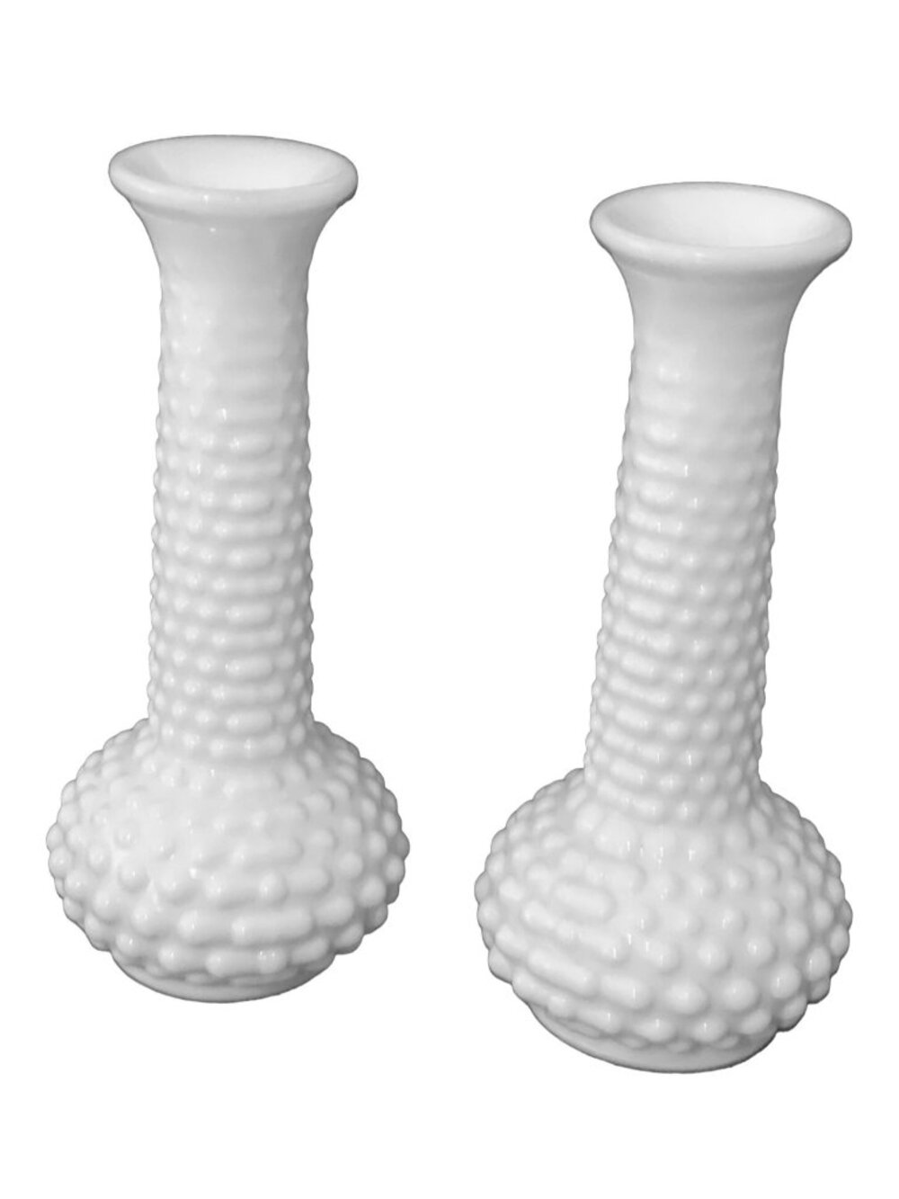 Vintage E.O. Brody White Milk Glass Hobnail Bud Vases Pair M2900 MCM Set 2 7.5"